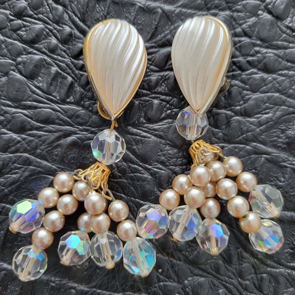 Vintage 1970s statement earrings -swarovski beads, seashell glam